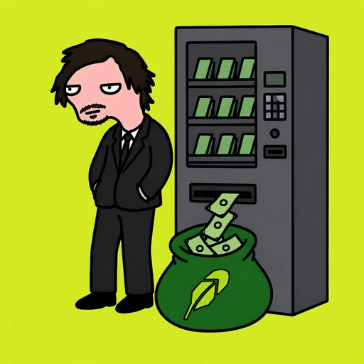 A man in a suit at a vending machine, feeding it money.
